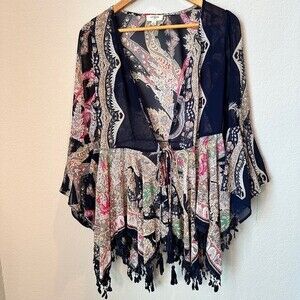 Umgee Navy Blue Abstract Paisley Oversized Boho Kimono - Size Small - EUC